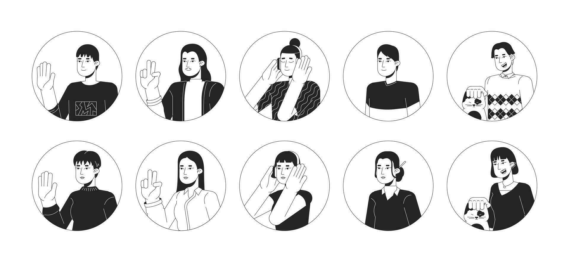 décontractée asiatiques noir et blanc 2d vecteur avatars illustration ensemble. Japonais, coréen adulte femmes, Hommes contour dessin animé personnage visages isolé. refroidissement dehors, caresse chat plat utilisateur profil image collection