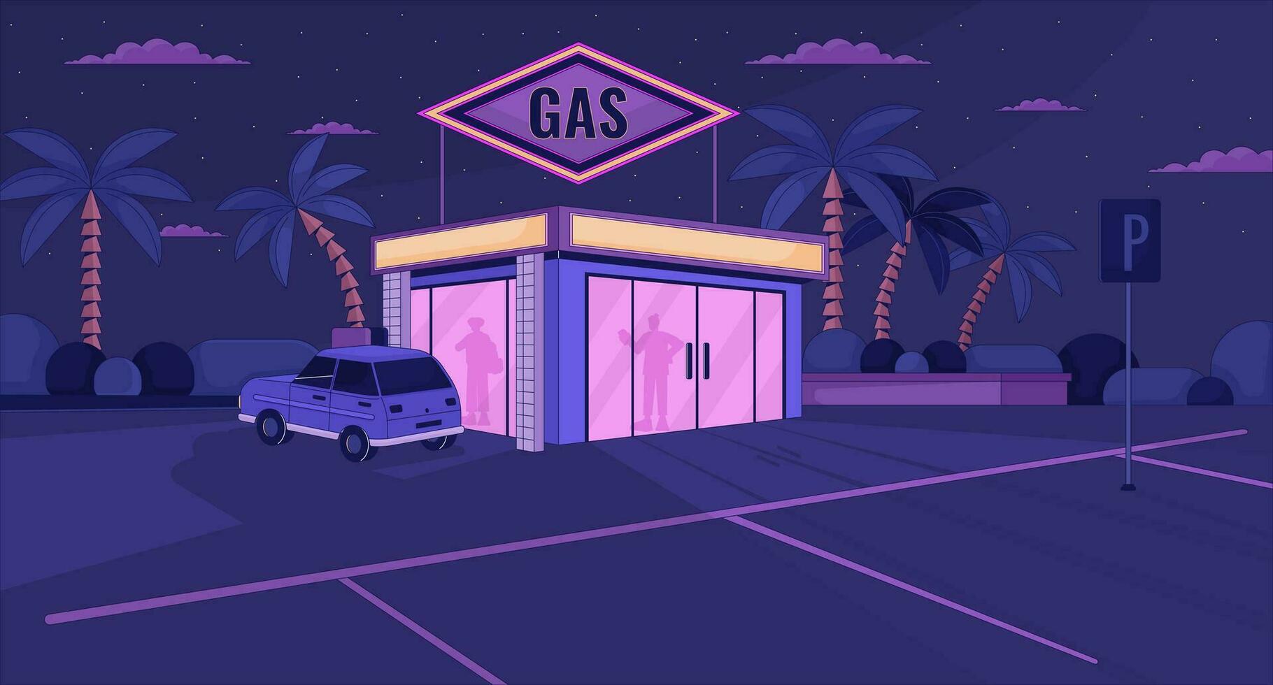 silhouettes à gaz station la nuit lofi fond d'écran. gens à l'intérieur commodité boutique 2d paysage urbain dessin animé plat illustration. vide parking lot refroidissement vecteur art, lo Fi esthétique coloré Contexte