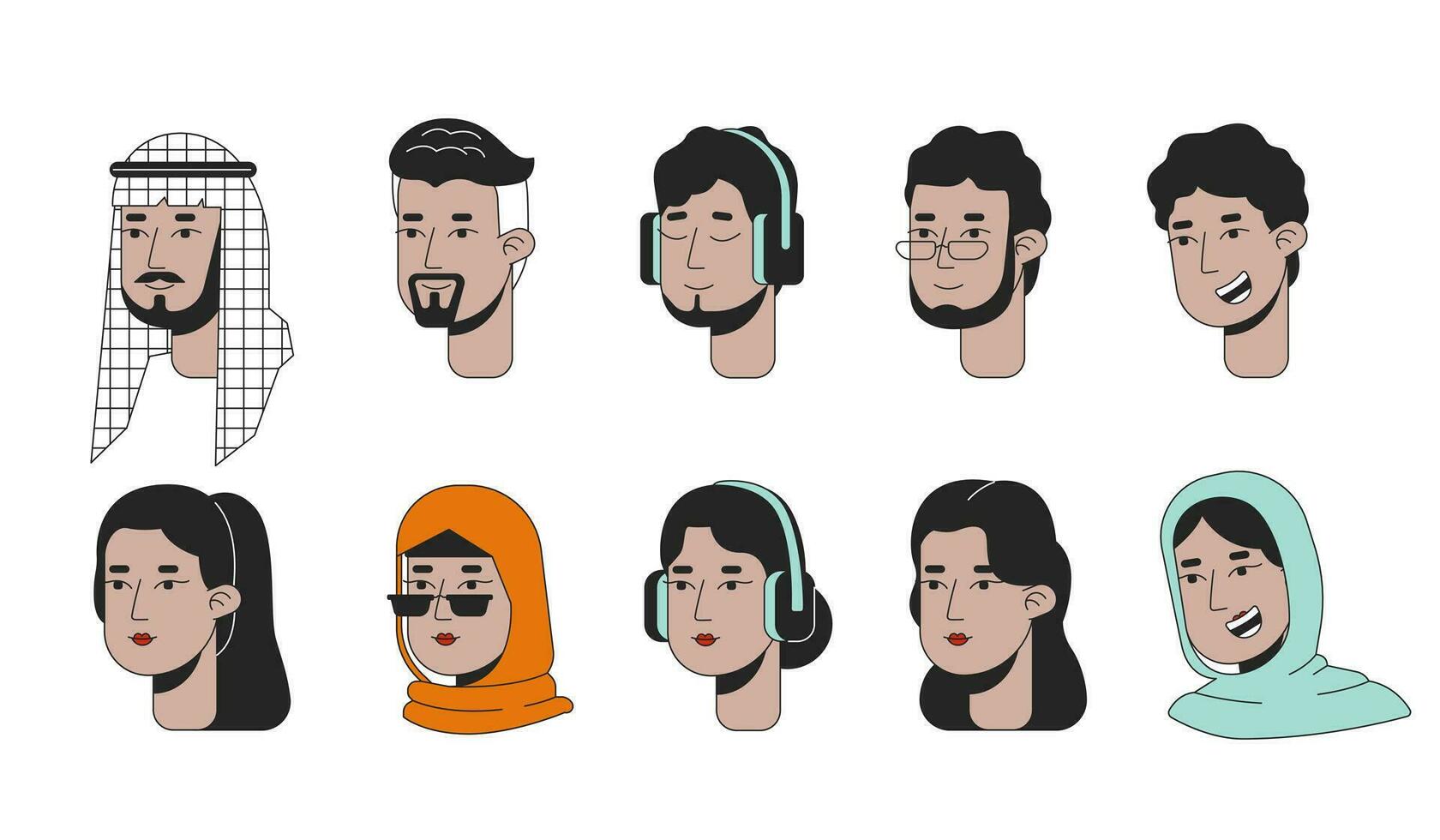 arabe milieu est 2d linéaire dessin animé personnage visages ensemble. saoudien homme, turc femmes isolé ligne vecteur têtes gens blanc Contexte. moderne musulman Couleur plat place illustration collection