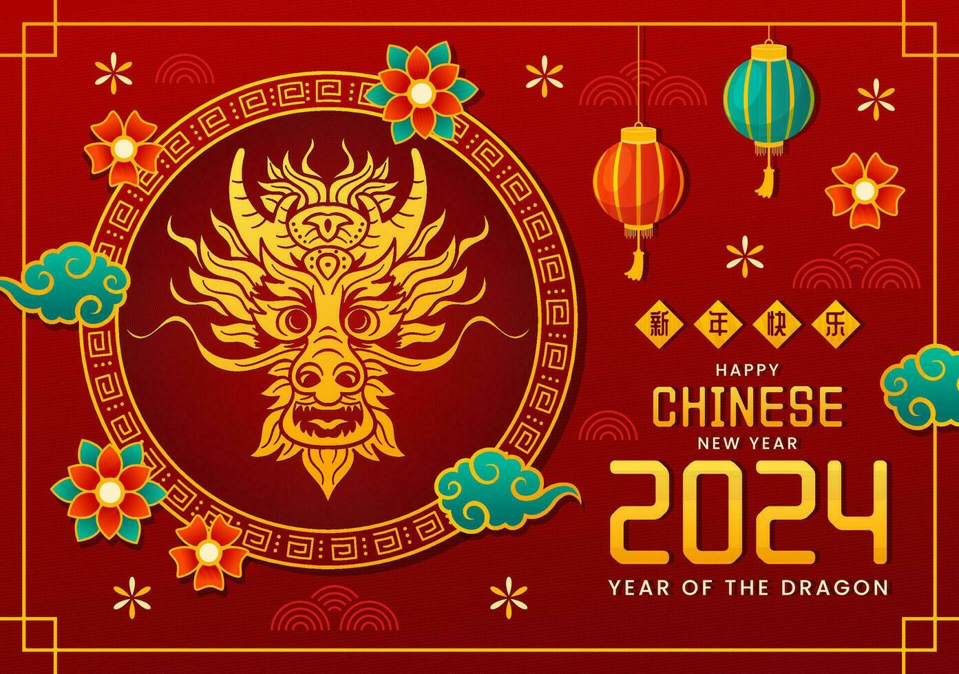 content chinois Nouveau année 2024 vecteur illustration. Traduction année de le dragon. avec fleur, lanterne, dragons et Chine éléments sur Contexte