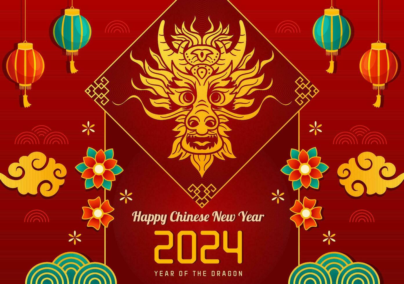 content chinois Nouveau année 2024 vecteur illustration. Traduction année de le dragon. avec fleur, lanterne, dragons et Chine éléments sur Contexte