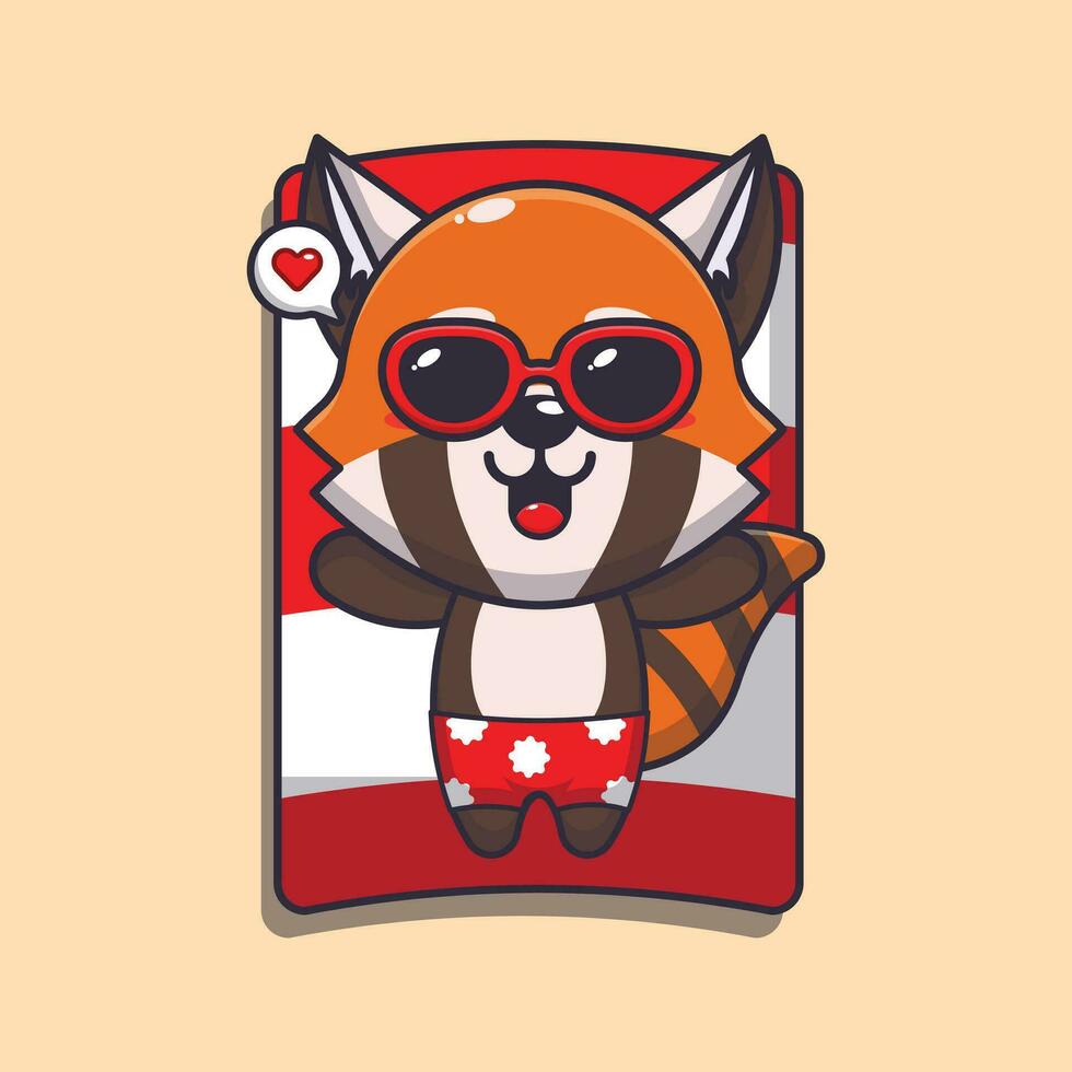 mignonne rouge Panda avec des lunettes de soleil sommeil sur plage. mignonne été dessin animé illustration. vecteur