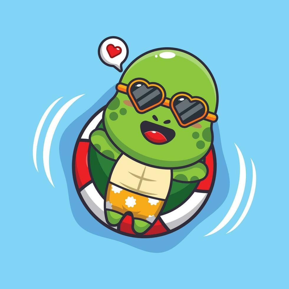 mignonne tortue dans des lunettes de soleil flotte avec bouée. mignonne été dessin animé illustration. vecteur