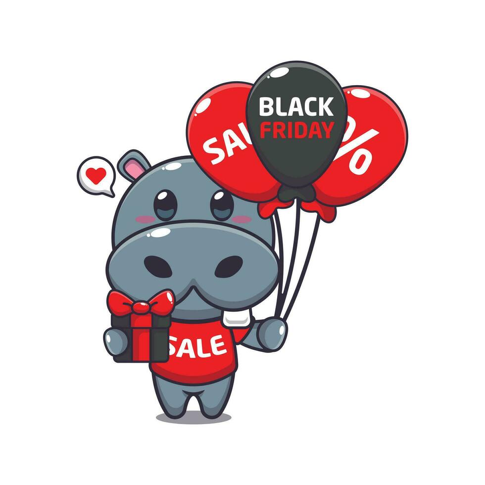 mignonne hippopotame avec cadeaux et des ballons dans noir Vendredi vente dessin animé vecteur illustration