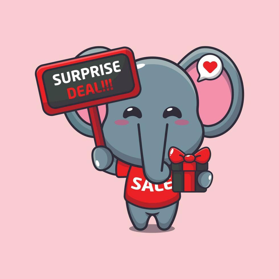 mignonne l'éléphant avec promotion signe et cadeau boîte dans noir Vendredi vente dessin animé vecteur illustration