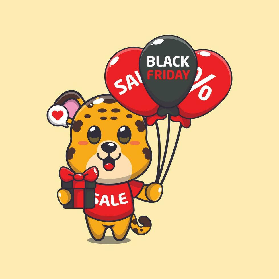 mignonne léopard avec cadeaux et des ballons dans noir Vendredi vente dessin animé vecteur illustration