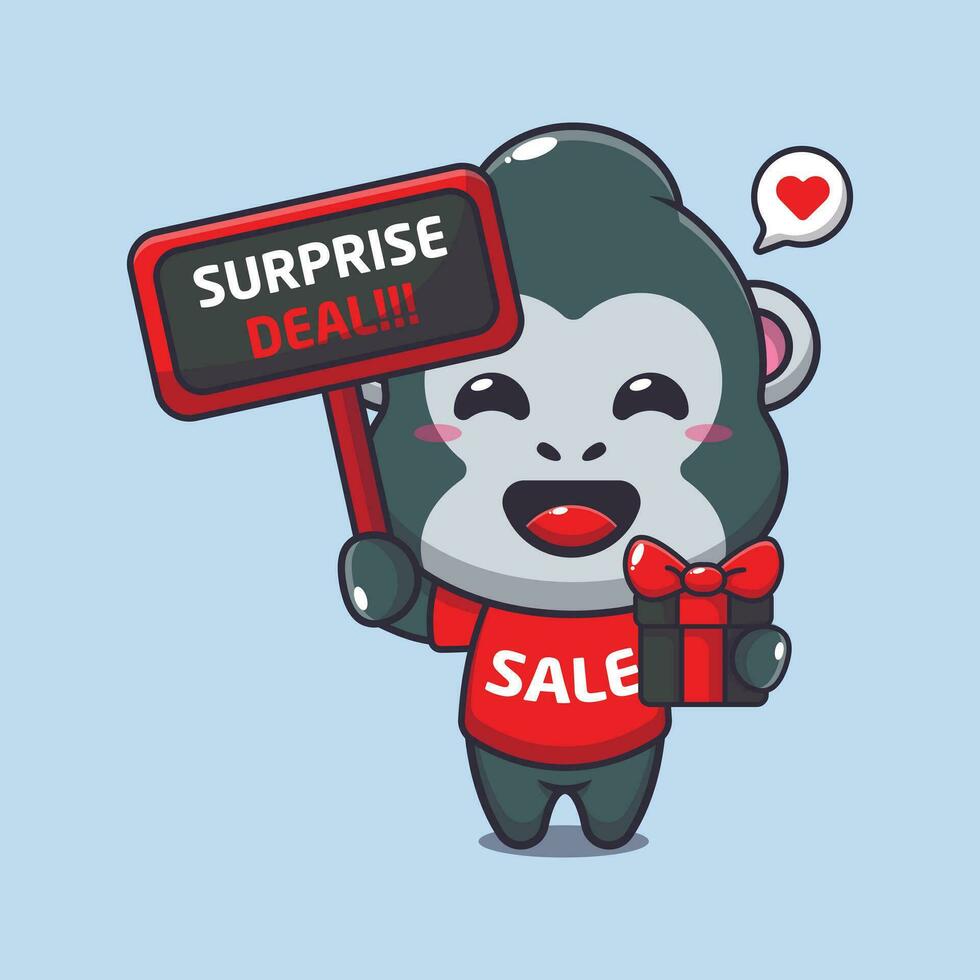 mignonne gorille avec promotion signe et cadeau boîte dans noir Vendredi vente dessin animé vecteur illustration