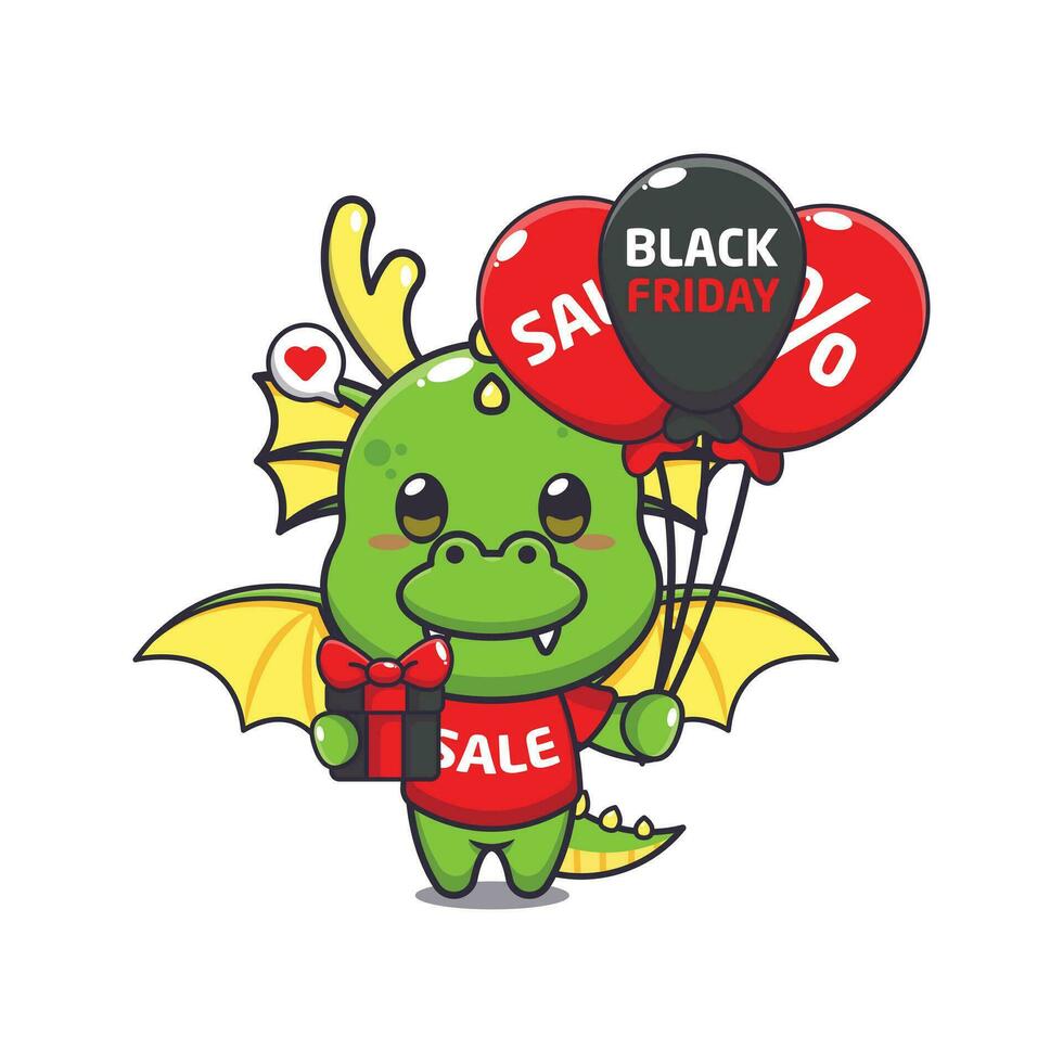 mignonne dragon avec cadeaux et des ballons dans noir Vendredi vente dessin animé vecteur illustration