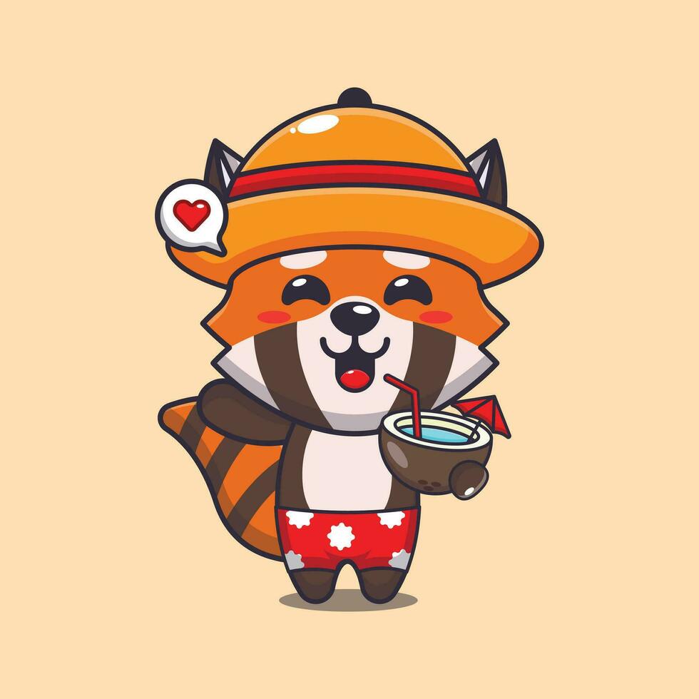 mignonne rouge Panda boisson noix de coco dessin animé illustration. mignonne été dessin animé illustration. vecteur