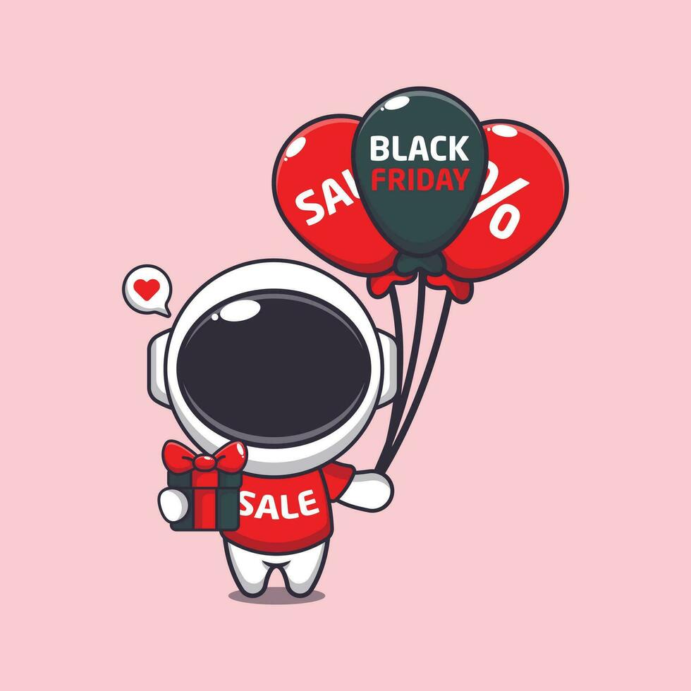 mignonne astronaute avec cadeaux et des ballons dans noir Vendredi vente dessin animé vecteur illustration
