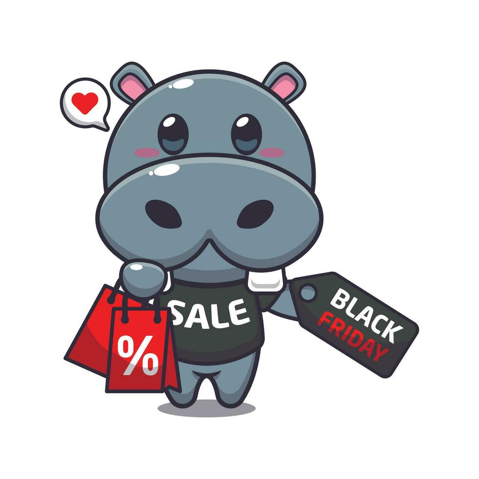 mignonne hippopotame avec achats sac et noir Vendredi vente remise dessin animé vecteur illustration