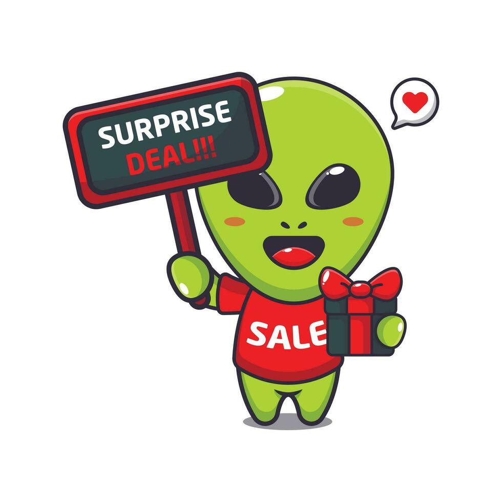 mignonne extraterrestre avec promotion signe et cadeau boîte dans noir Vendredi vente dessin animé vecteur illustration