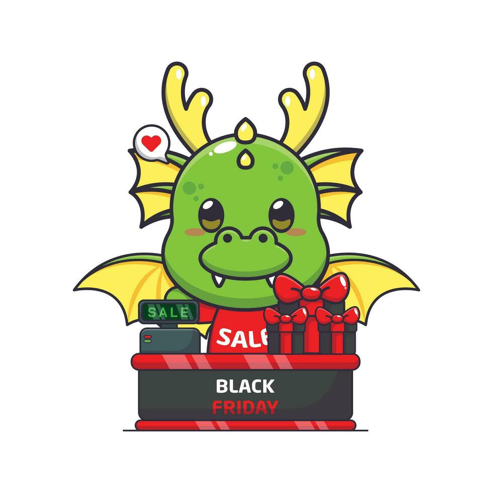 mignonne dragon avec la caissière table dans noir Vendredi vente dessin animé vecteur illustration