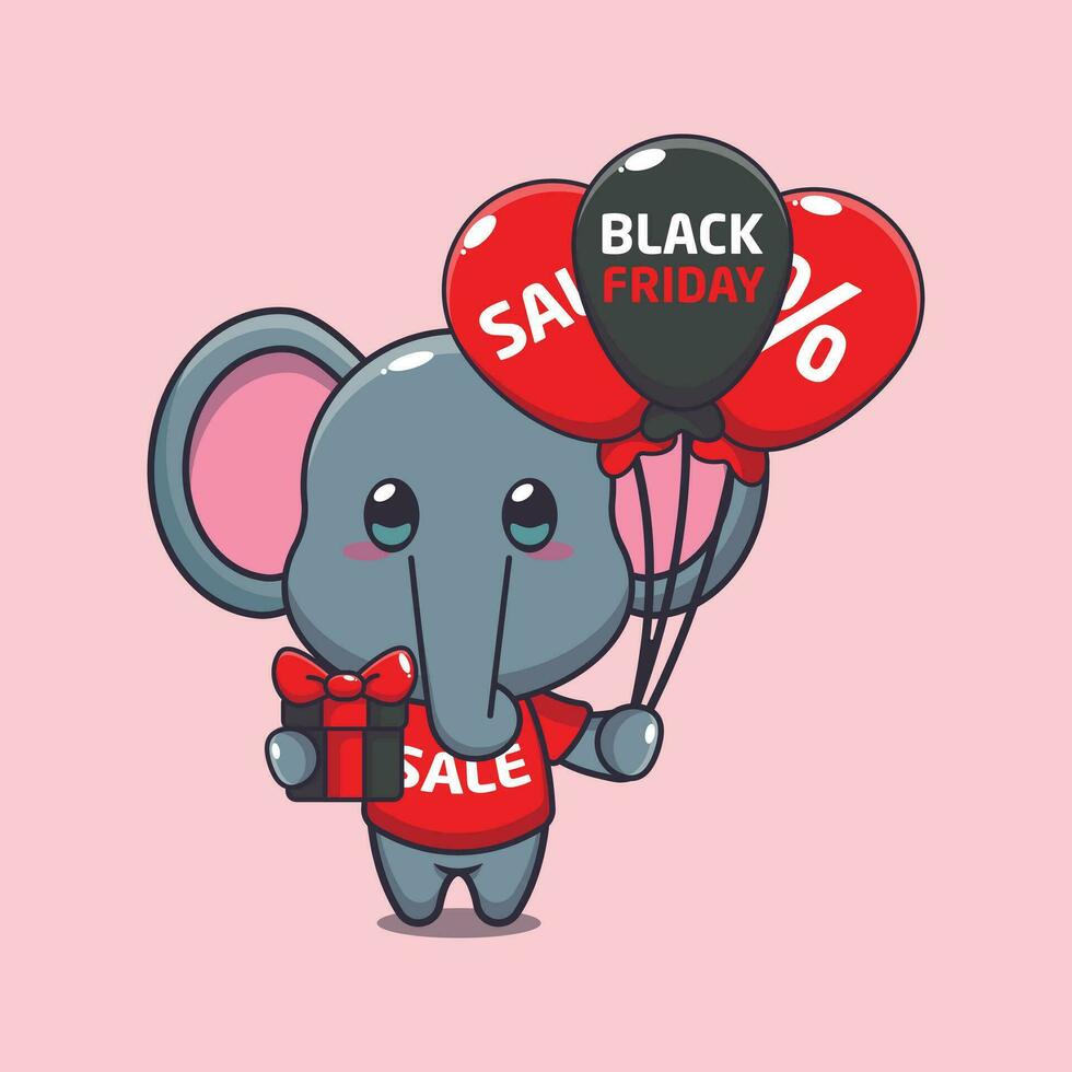 mignonne l'éléphant avec cadeaux et des ballons dans noir Vendredi vente dessin animé vecteur illustration