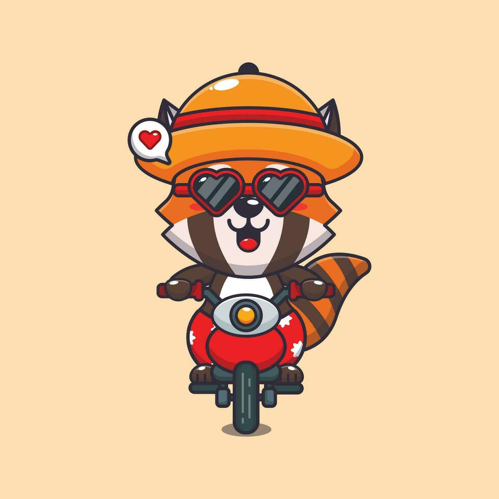 cool rouge Panda avec des lunettes de soleil équitation une moto dans été journée. mignonne été dessin animé illustration. vecteur