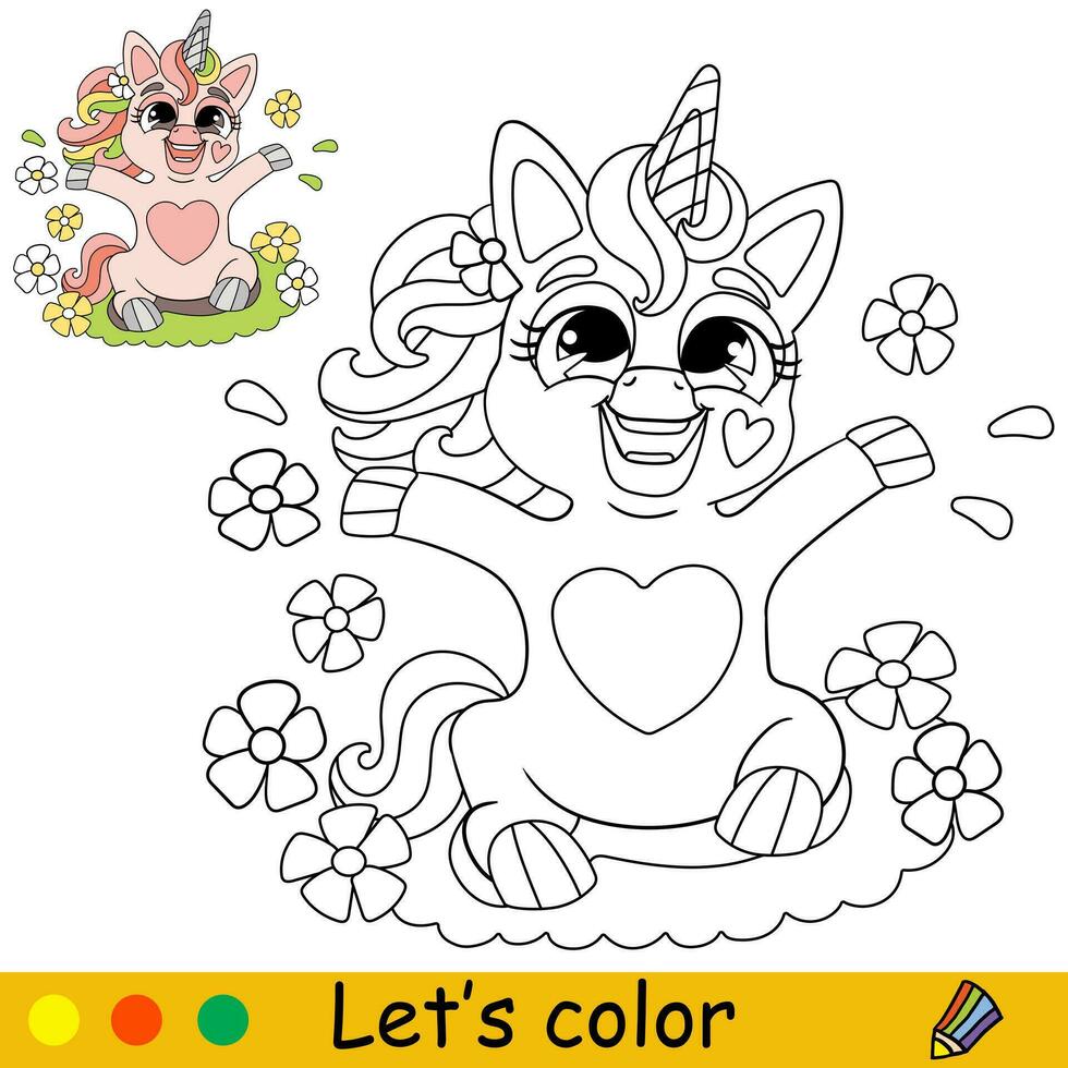 floral dessin animé mignonne bébé Licorne des gamins coloration livre page vecteur