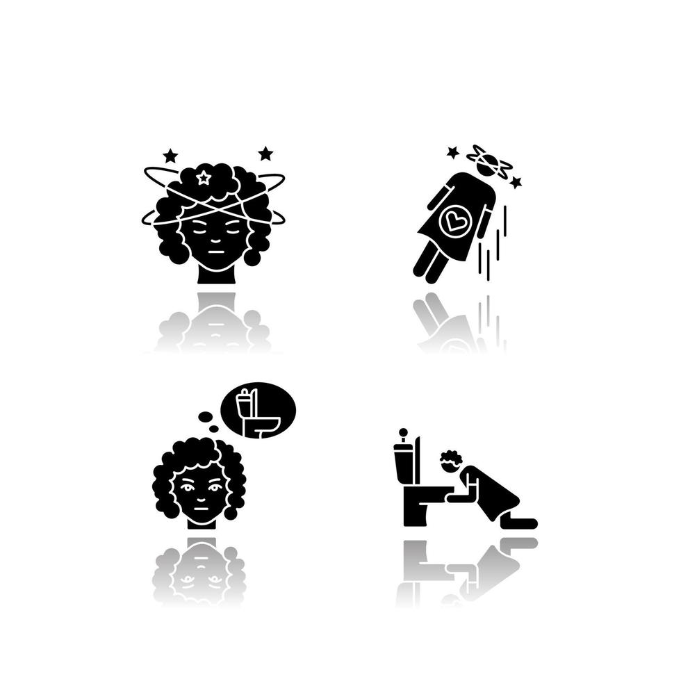 Ensemble d'icônes de glyphe noir d'ombre portée de symptôme de grossesse précoce vecteur