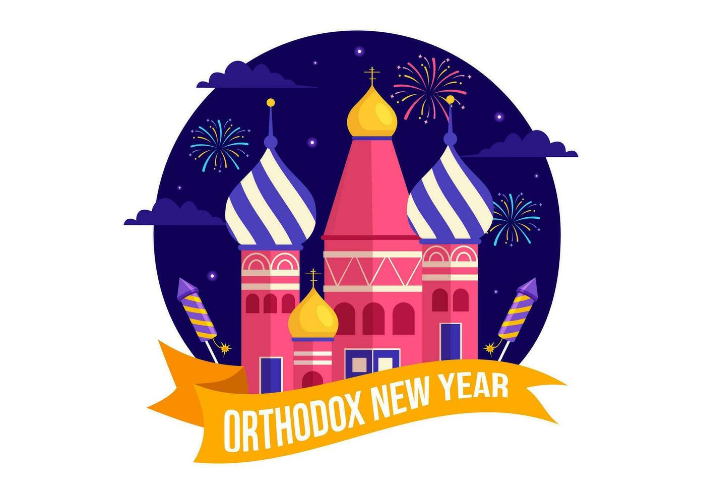 content orthodoxe Nouveau année vecteur illustration sur 14 janvier avec église et feux d'artifice pour affiche ou bannière dans plat dessin animé Contexte conception