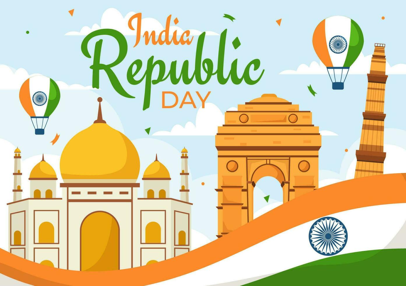 content Inde république journée vecteur illustration sur 26 janvier avec Indien drapeau et porte dans vacances nationale fête plat dessin animé Contexte conception