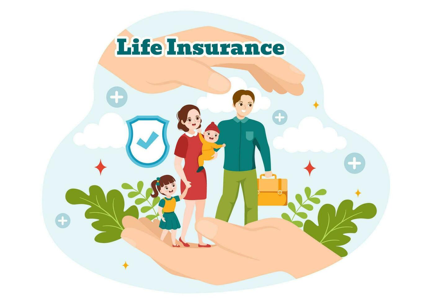 la vie Assurance vecteur illustration avec vérifier Des marques, bouclier et parapluie pour famille soins de santé protection et médical un service dans plat Contexte