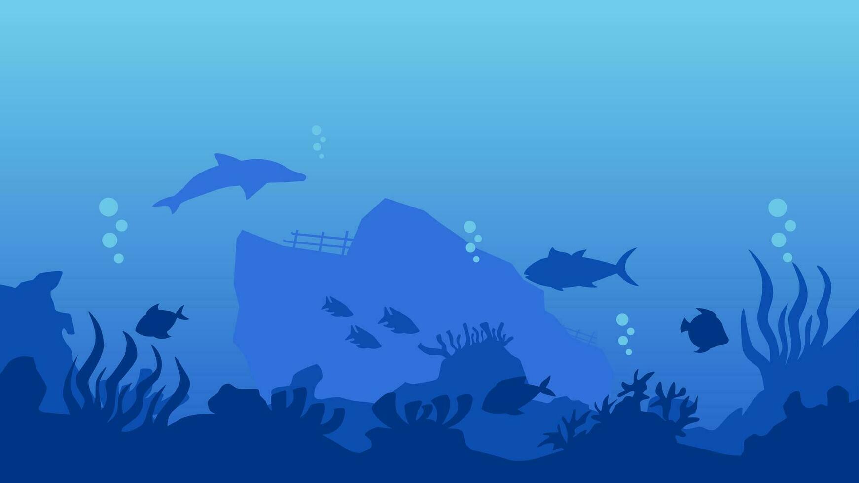 sous-marin paysage vecteur illustration. bas mer paysage avec poisson, corail récif et Naufrage. mer monde silhouette pour arrière-plan, fond d'écran ou atterrissage page. Profond mer paysage vecteur Contexte