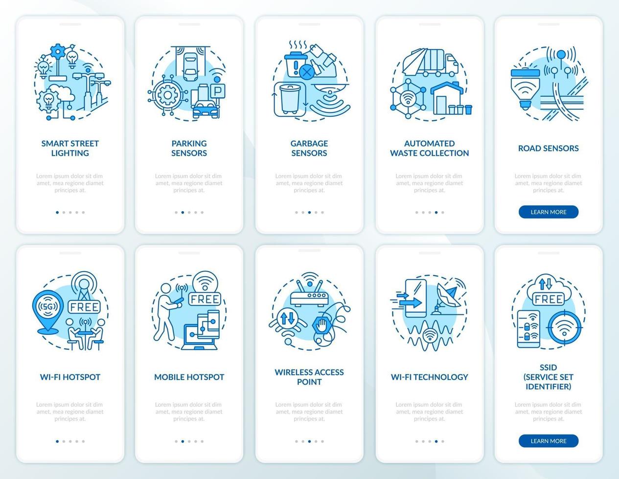 ensemble d'écrans de page d'application mobile d'intégration bleue de zone urbaine intelligente vecteur
