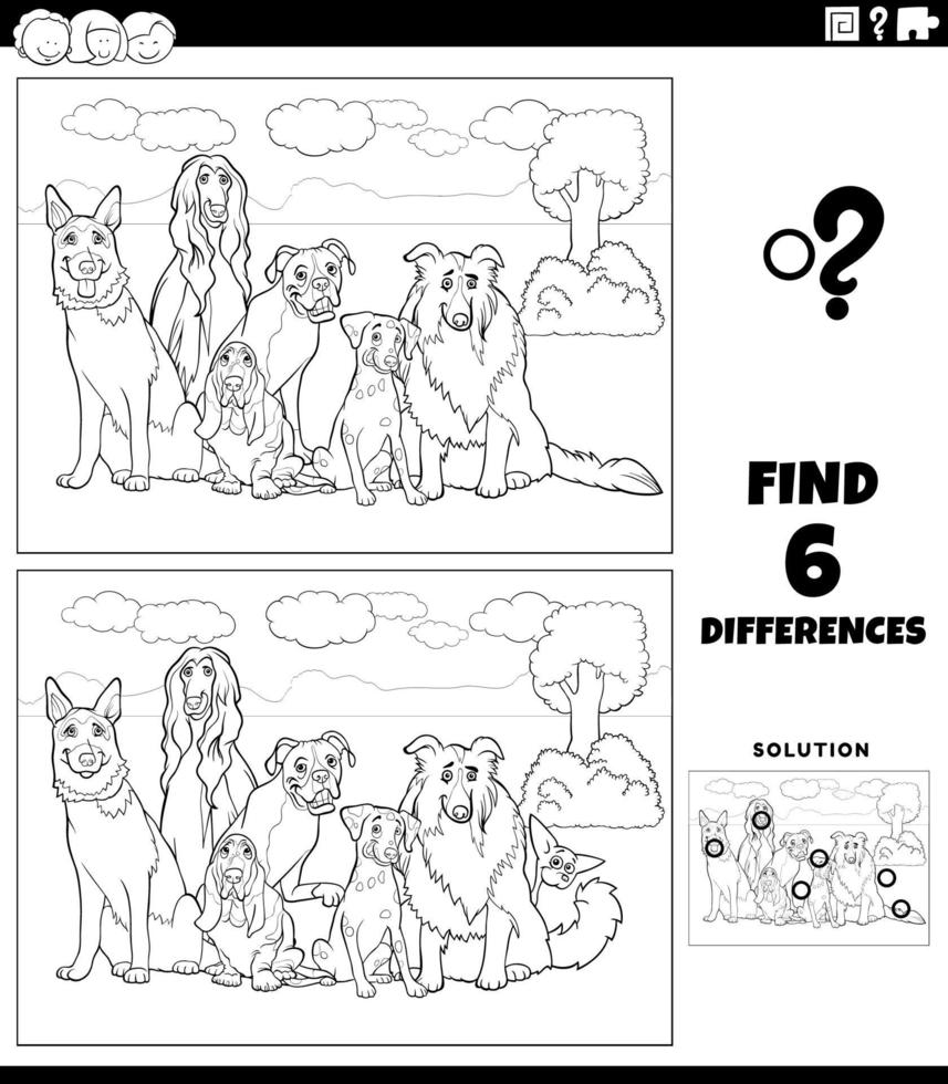 jeu de différences avec la page de livre de couleurs de chiens de race comique vecteur