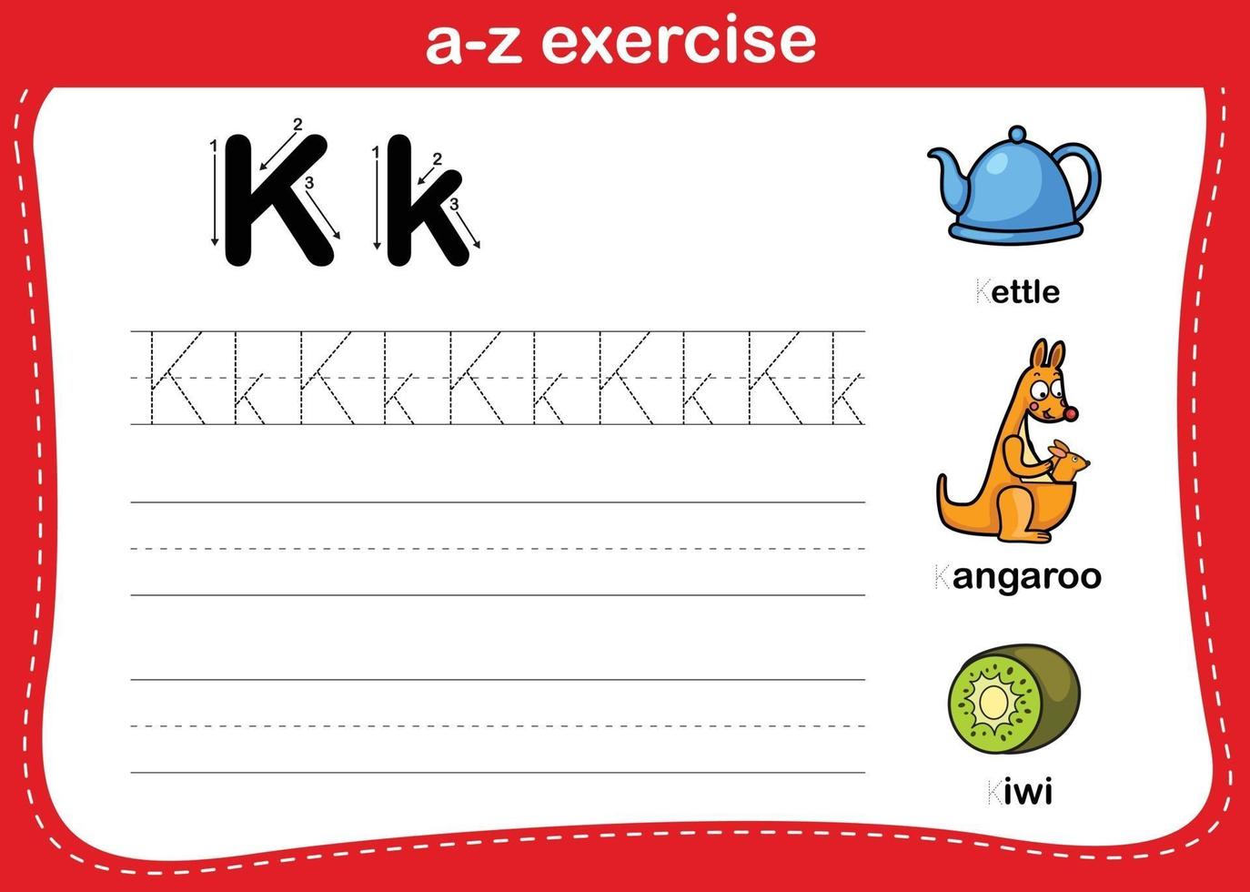 exercice de l'alphabet az avec illustration de vocabulaire de dessin animé, vecteur