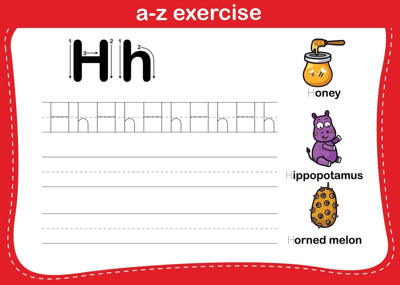 exercice de l'alphabet az avec illustration de vocabulaire de dessin animé, vecteur