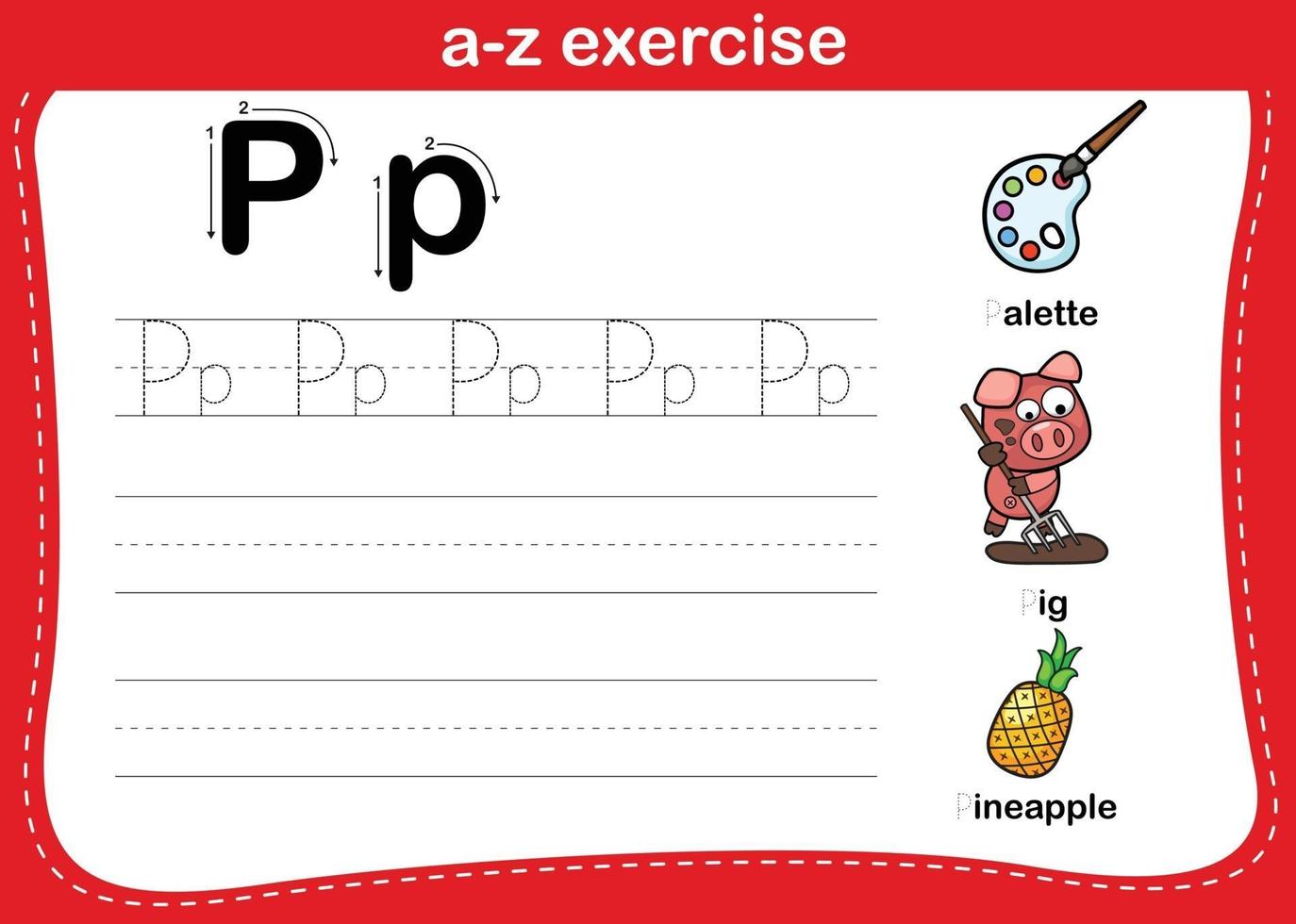 exercice de l'alphabet az avec illustration de vocabulaire de dessin animé, vecteur