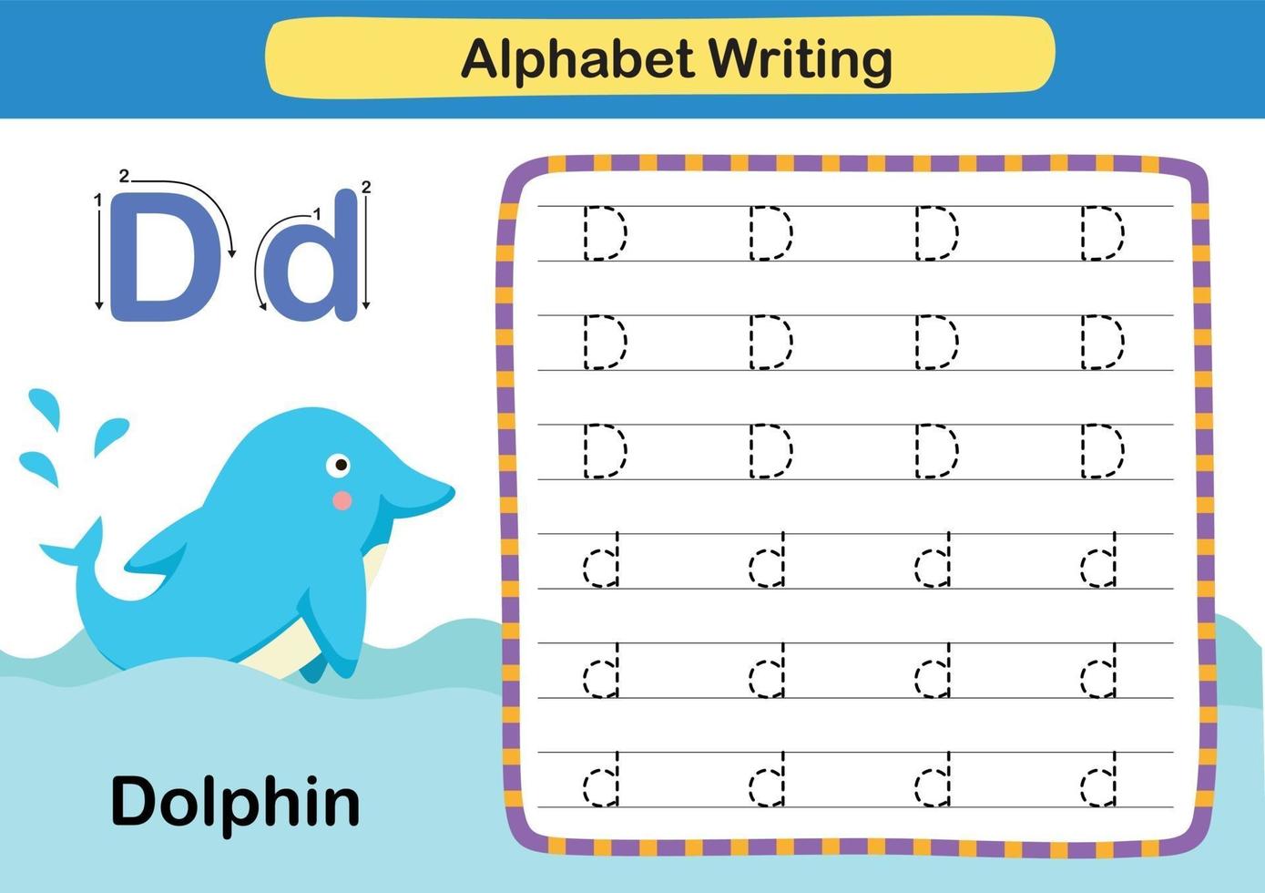 exercice de lettre d-dauphin de l'alphabet avec le vocabulaire de la bande dessinée vecteur