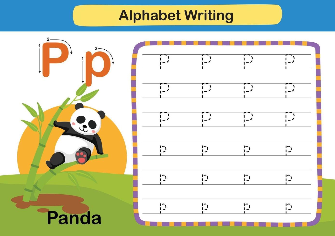 exercice de lettre de l'alphabet p-panda avec vocabulaire de dessin animé vecteur