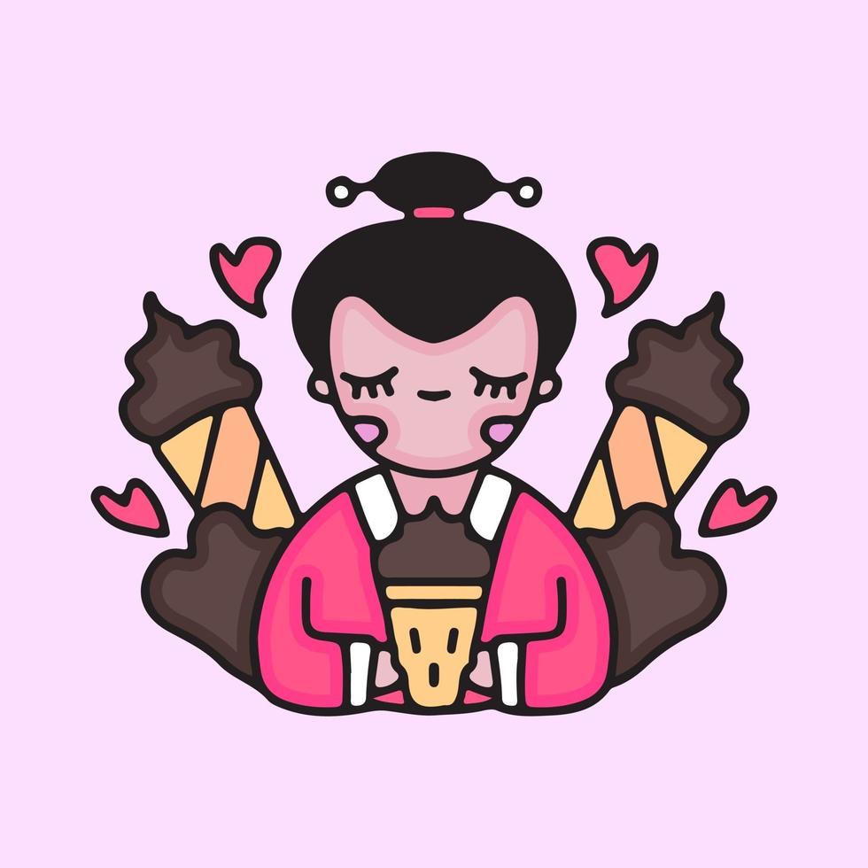 belle geisha avec glace au chocolat. illustration de dessin animé. vecteur