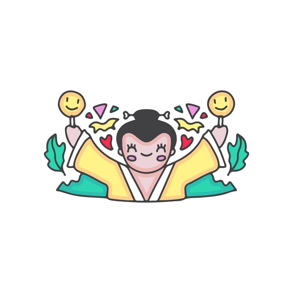 geisha japonaise mignonne avec emoji de sourire. illustration de dessin animé. vecteur