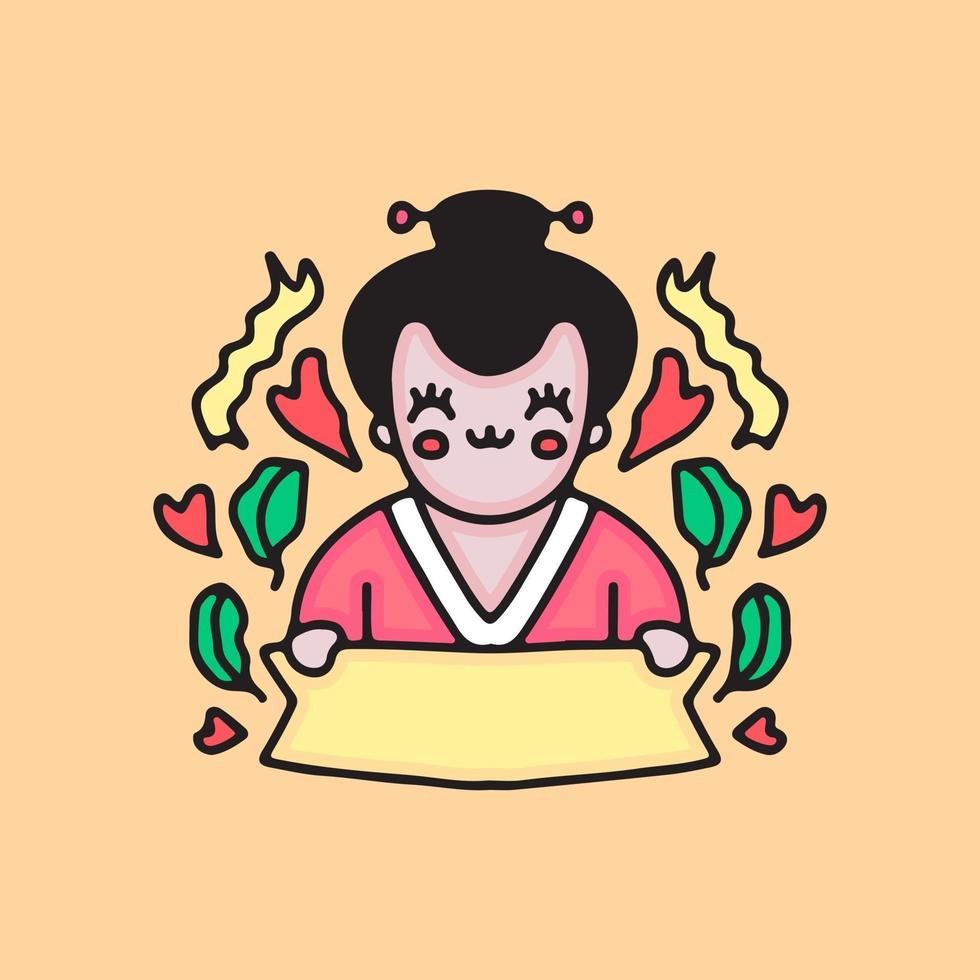geisha tenant une note vide. illustration de dessin animé. vecteur