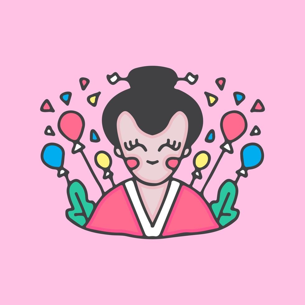 geisha avec ballon. illustration de dessin animé. vecteur