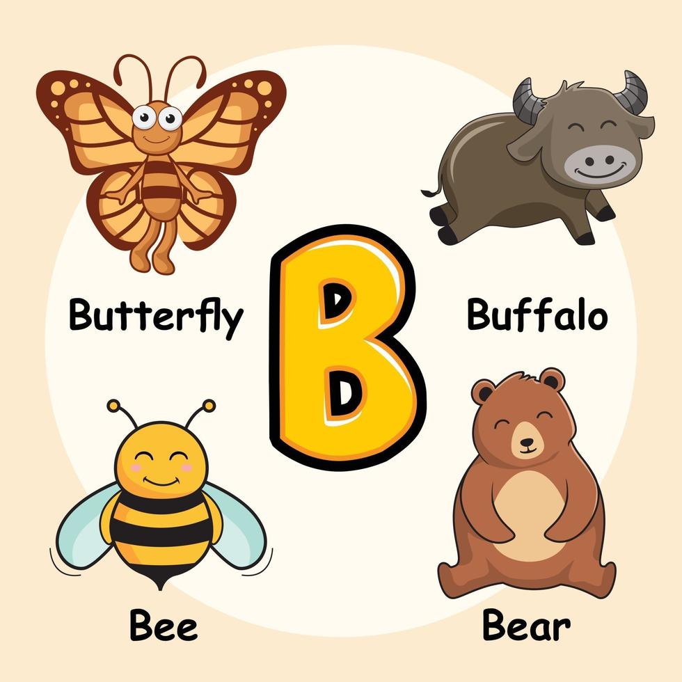 animaux alphabet lettre b pour abeille ours papillon buffle vecteur