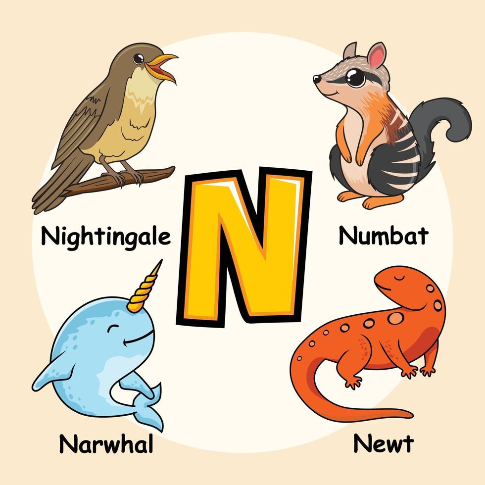 animaux alphabet lettre n pour narval newt numbat rossignol oiseau vecteur
