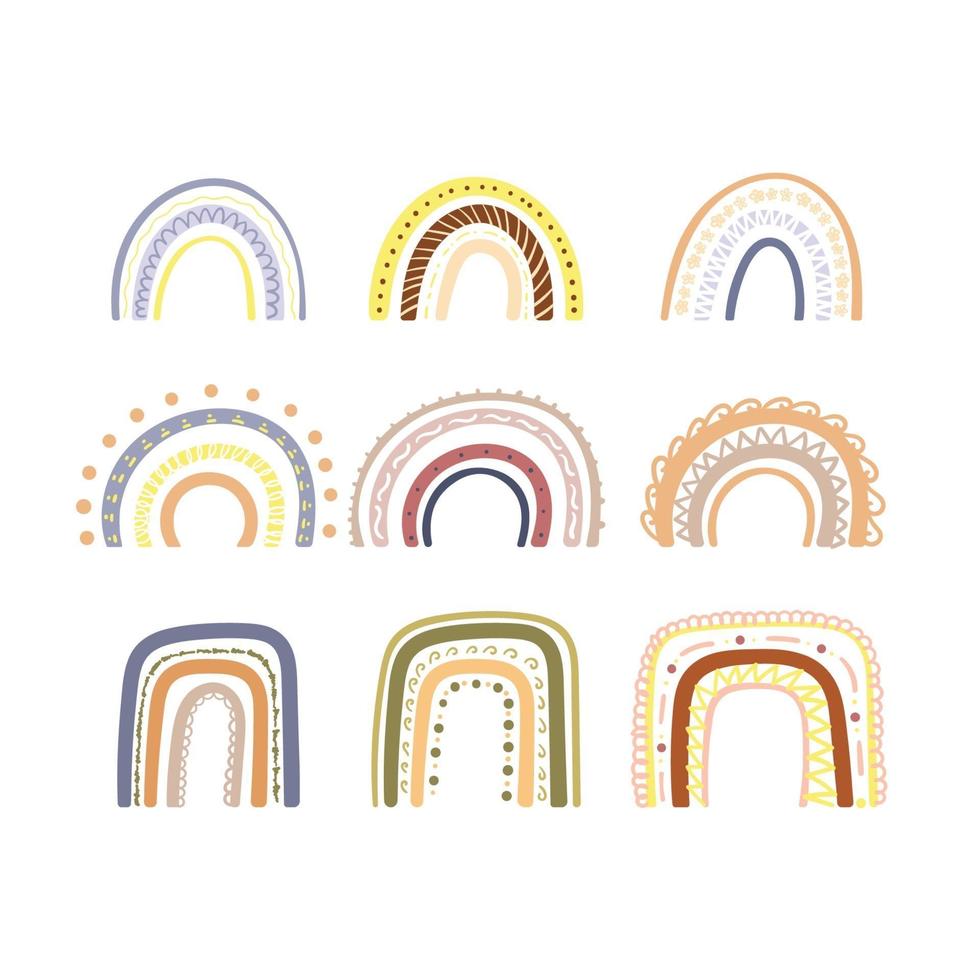 ensemble de 9 arc-en-ciel colorés dessinés à la main vecteur