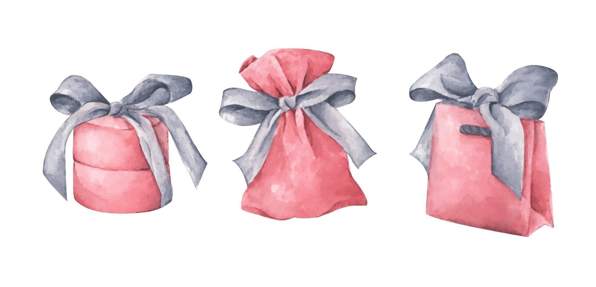 ensemble de cadeaux roses. illustration à l'aquarelle. vecteur