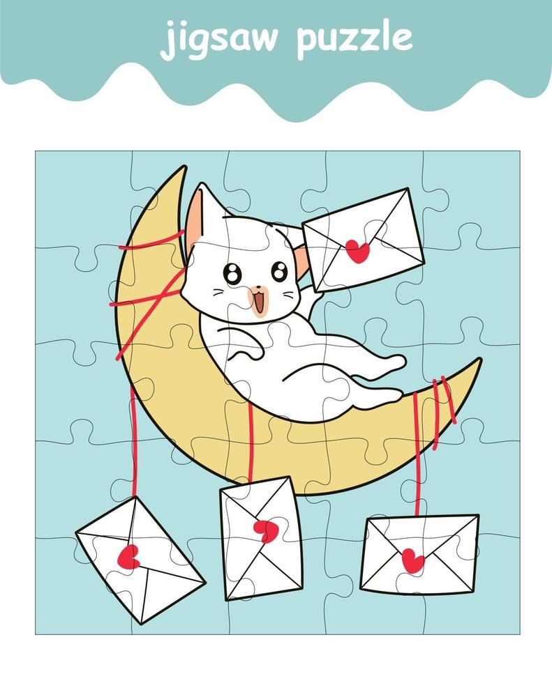 jeu de puzzle d'un chat adorable avec une lettre d'amour sur la lune vecteur