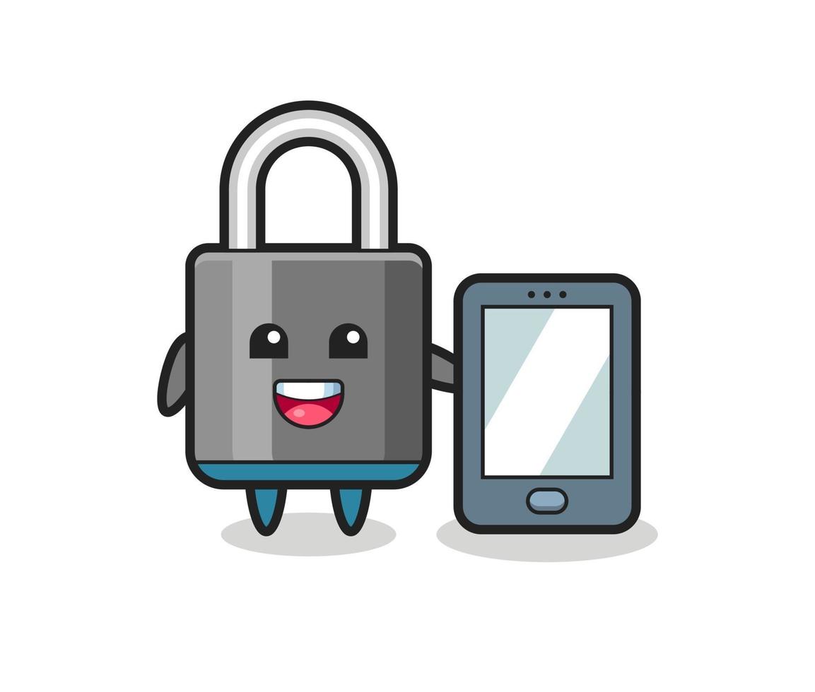 Caricature d'illustration de cadenas tenant un smartphone vecteur