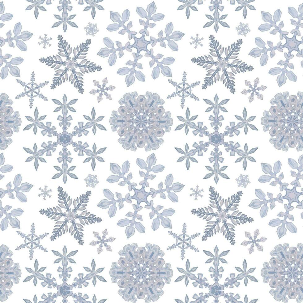 main tiré aquarelle flocons de neige, bleu argent l'eau la glace cristaux congelé dans l'hiver. illustration isolé sans couture modèle, blanc Contexte. conception pour vacances affiche, imprimer, site Internet, carte, invitation vecteur