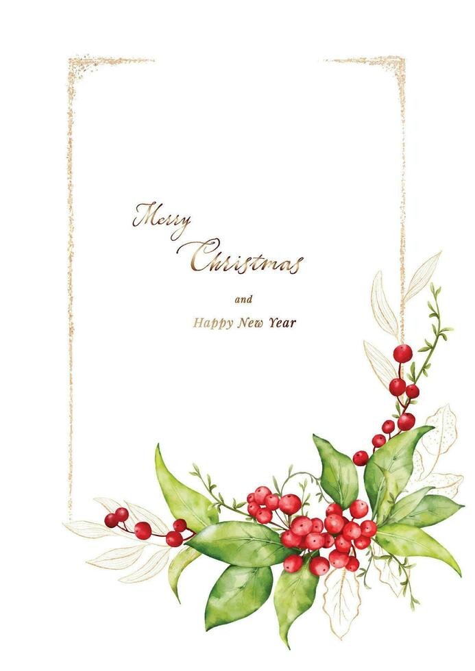 Noël carte aquarelle baies bouquet et d'or feuilles vecteur