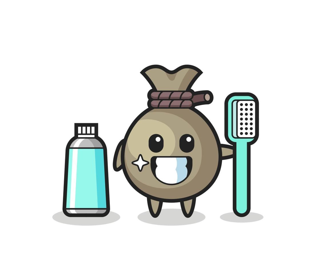 illustration de mascotte de sac d'argent avec une brosse à dents vecteur