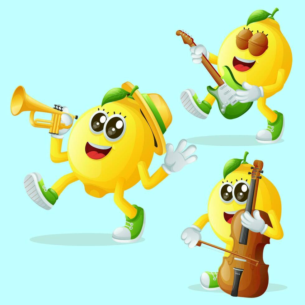 mignonne citron personnages en jouant musical instruments vecteur