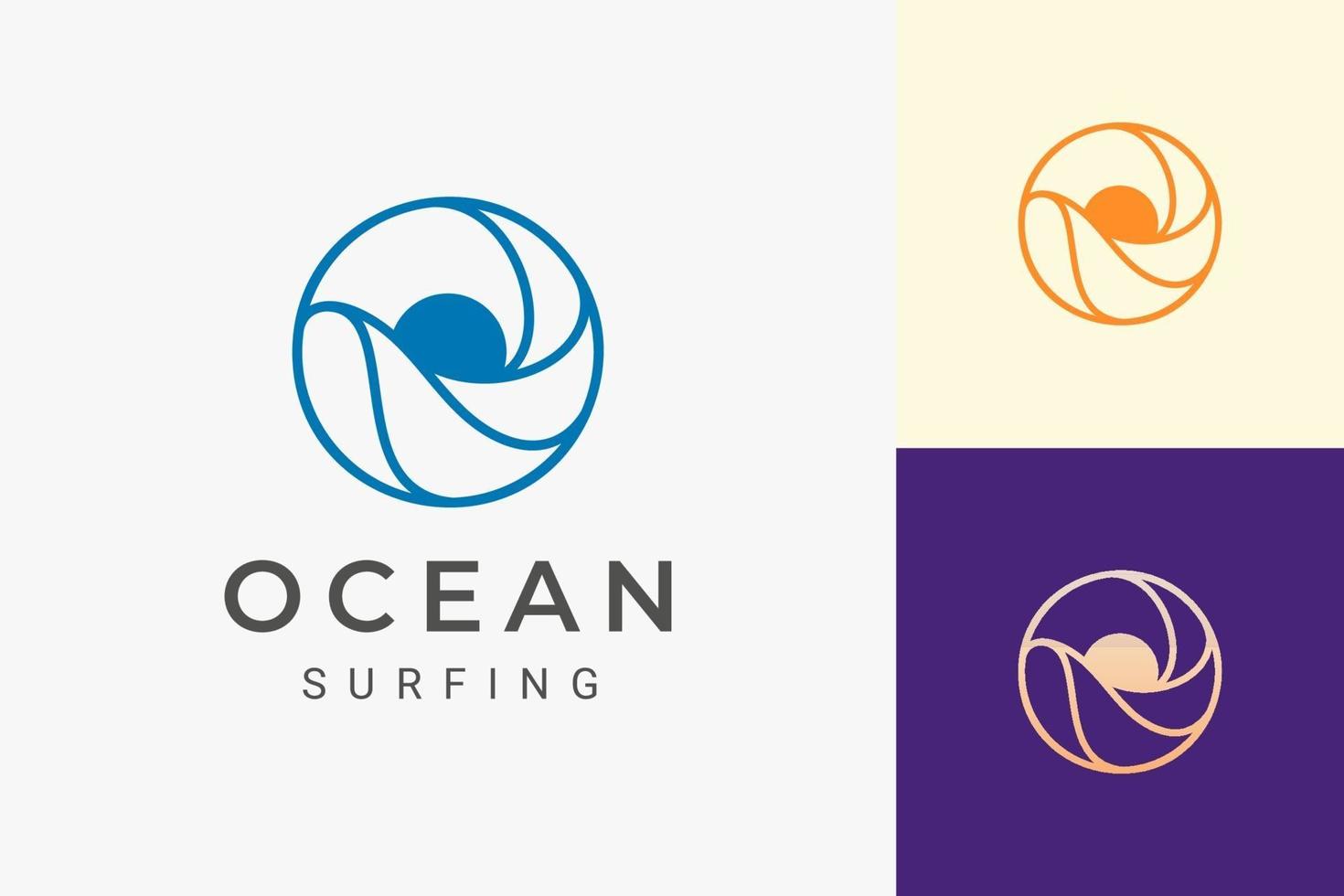 logo sur le thème de la mer ou de l'eau avec des vagues et du soleil en forme de cercle vecteur
