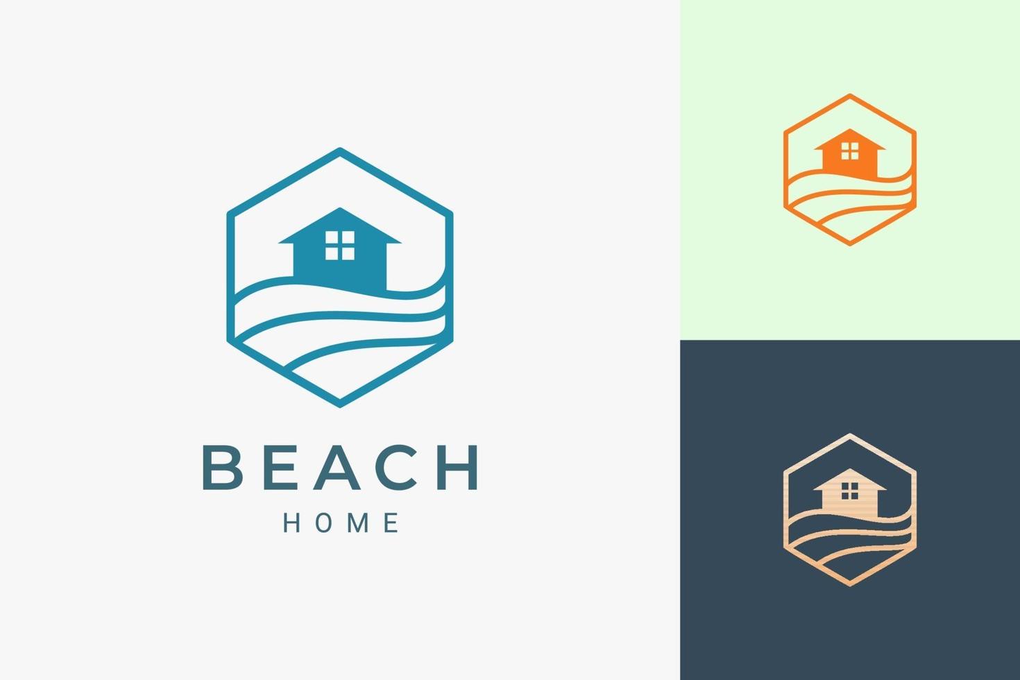 logo de l'hôtel sur le thème de la mer ou de la plage en ligne simple et en forme d'hexagone vecteur