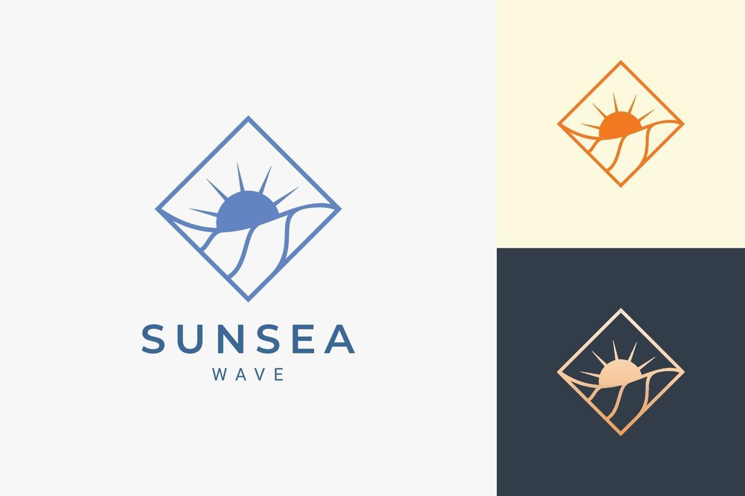 logo au bord de l'eau ou de l'océan en losange avec forme de vague d'eau et de soleil vecteur