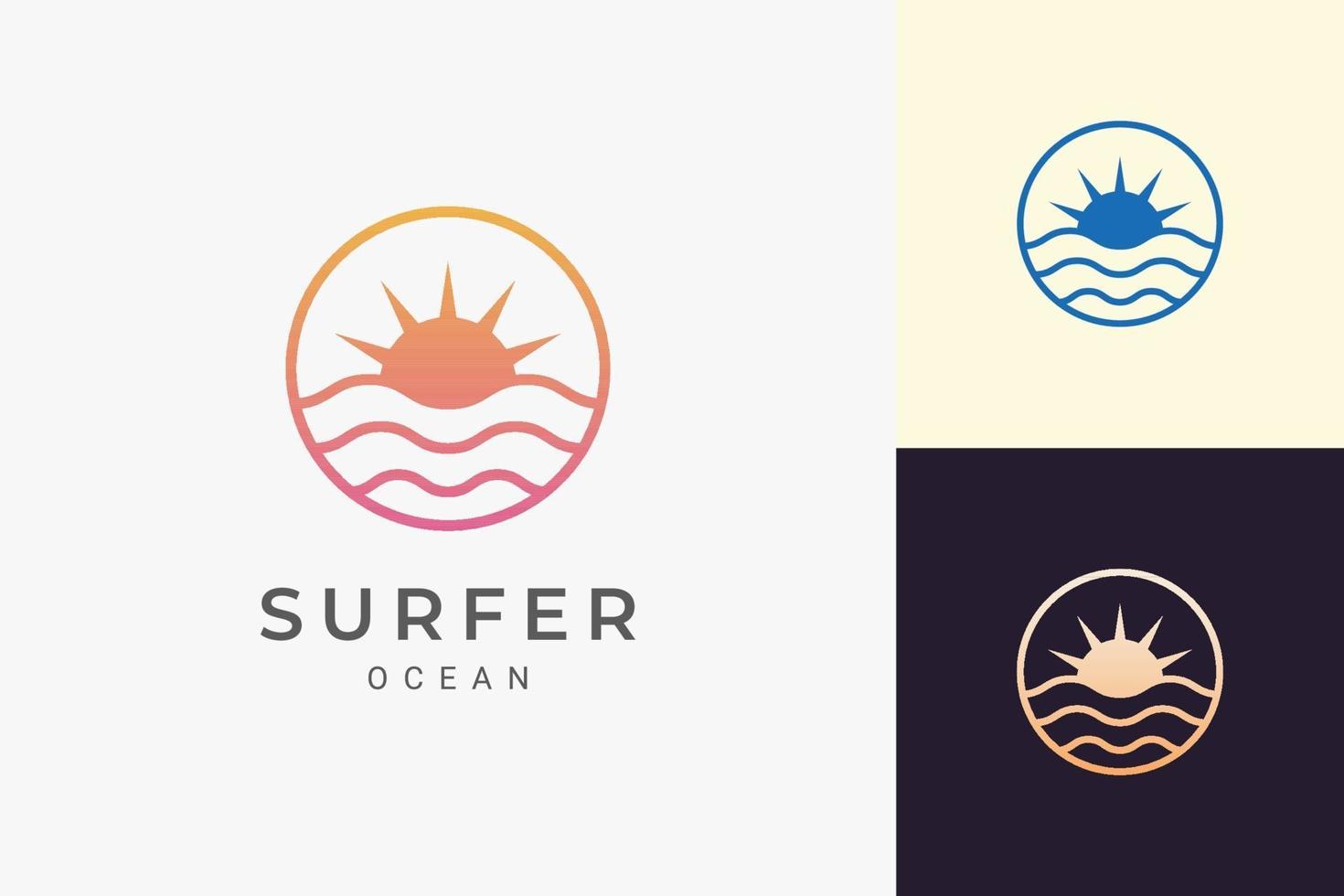 logo de mer ou de surf simple avec vague océanique et soleil en forme de cercle vecteur